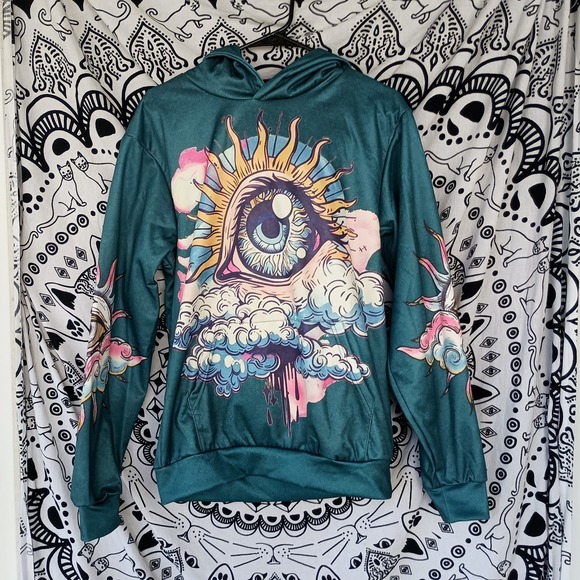 Tops - Sun Eye Psychedelic Moon Graphic All Over Hoodie Size Small